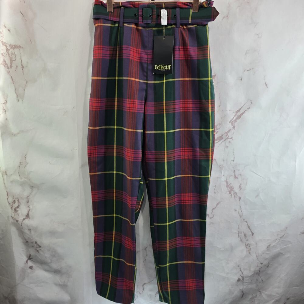 Modcloth Pants Women 6 Red Plaid Crop High Rise Belt Thea Etude Tartan Collectif